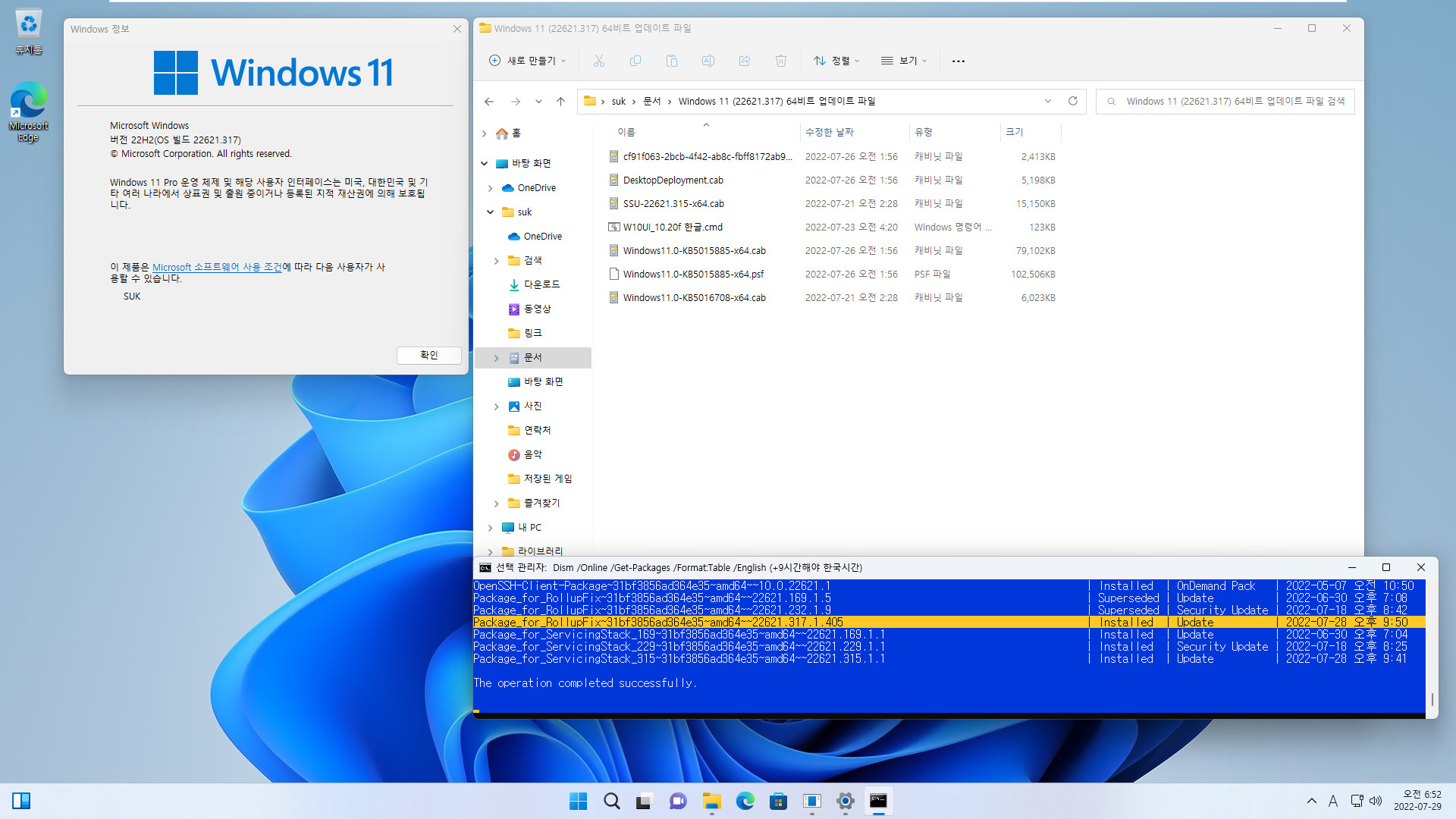2022-07-29 금요일 - 릴리스 프리뷰 채널 - Windows 11 버전 22H2, 빌드 22621.317 - 누적 업데이트 KB5015885 - vmware에 설치 테스트 - 탐색기에 탭은 아직 생기지 않았네요 2022-07-29_065239.jpg