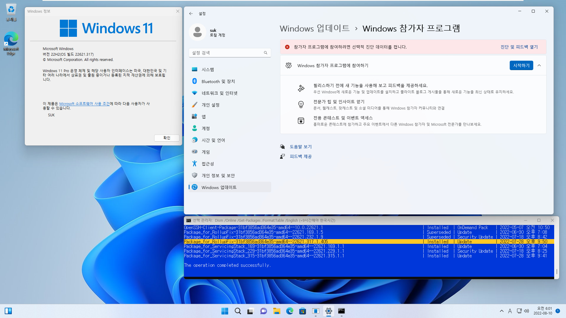 2022-08-10 수요일 - 릴리스 프리뷰 채널 - Windows 11 버전 22H2, 빌드 22621.382 - 누적 업데이트 KB5016632 - vmware에 설치 테스트 - 윈도우 업데이트 사용 2022-08-10_060125.jpg