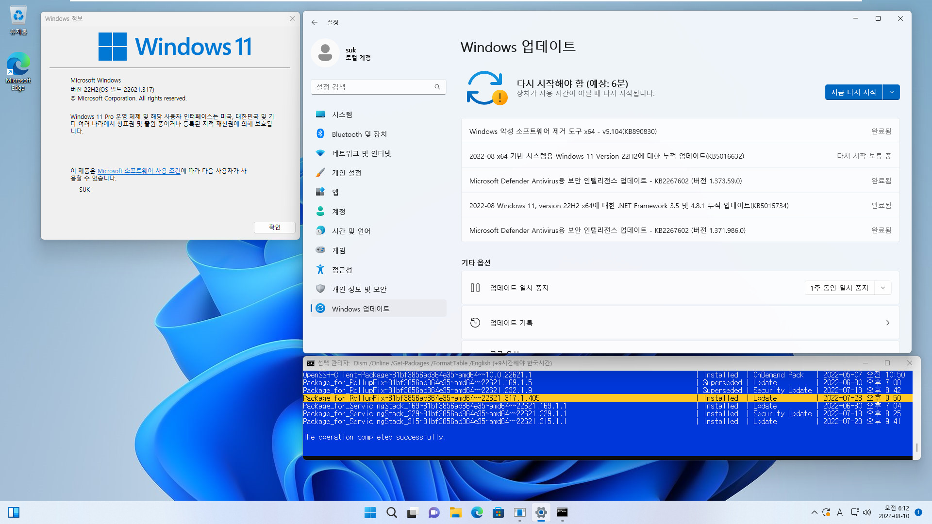 2022-08-10 수요일 - 릴리스 프리뷰 채널 - Windows 11 버전 22H2, 빌드 22621.382 - 누적 업데이트 KB5016632 - vmware에 설치 테스트 - 윈도우 업데이트 사용 2022-08-10_061230.jpg