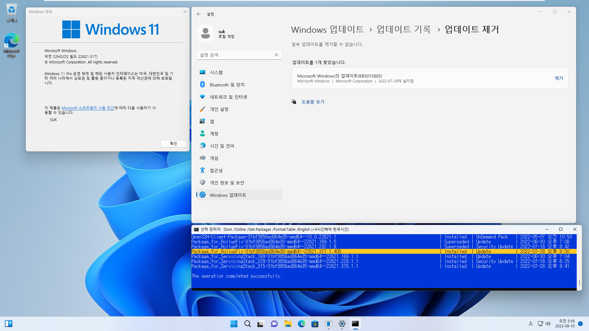 2022-08-10 수요일 - 릴리스 프리뷰 채널 - Windows 11 버전 22H2, 빌드 22621.382 - 누적 업데이트 KB5016632 - vmware에 설치 테스트 - 윈도우 업데이트 사용 2022-08-10_055945.jpg