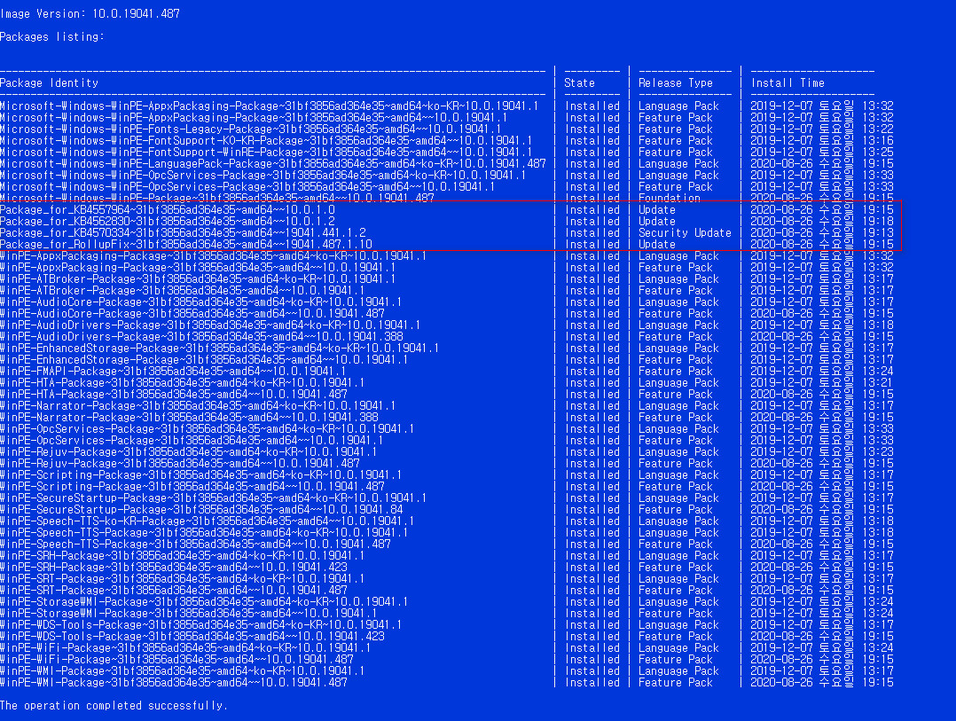 2020-08-27 업데이트 통합 PRO x64 2개 -Windows 10 버전 2004 + 버전 20H2 누적 업데이트 KB4571744 (OS 빌드 19041.487 + 19042.487) - winre.wim 통합 상태 2020-08-27_050335.jpg