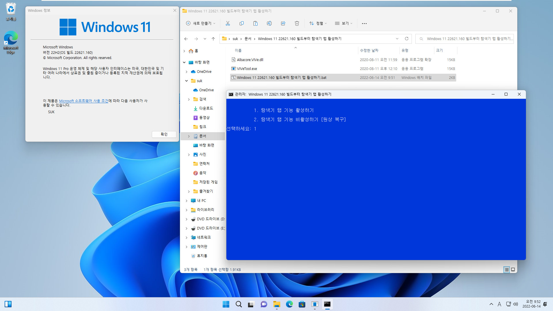 Windows 11 22621.160 빌드부터 탐색기 탭 활성하기.bat 테스트 2022-06-14_095252.jpg