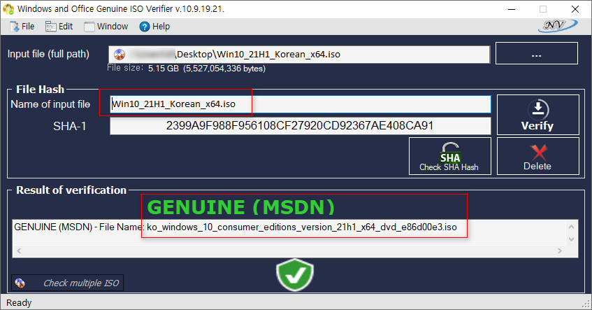 windows_and_office_genuine_iso_verifier 으로 Windows 10 버전 21H1 (19043.928) ISO 파일들 중에 Win10_21H1_Korean_x64.iso 이런 형식의 파일도 MSDN과 해시값이 같다는걸 확인했습니다 2021-05-21_084240.jpg