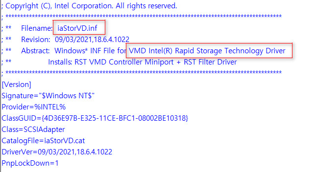 일반적인 인텔 IRST 드라이버 iaStorAV.inf  (내장)와 인텔 11세대 IRST VMD 드라이버 iaStorVD.inf (내장X)는 다릅니다 2021-12-16_033315.jpg