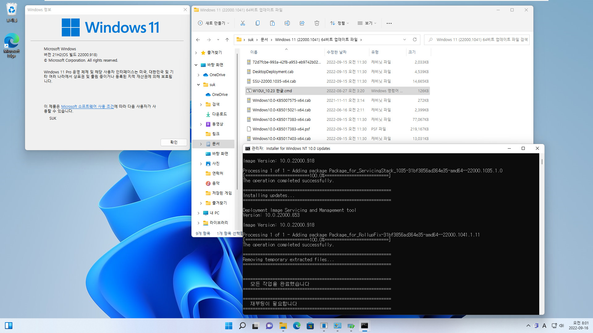 2022-09-16 금요일 - 릴리스 프리뷰 채널 - Windows 11 버전 21H2, 빌드 22000.1041 - 누적 업데이트 KB5017383 - vmware에 설치 테스트 2022-09-16_080153.jpg