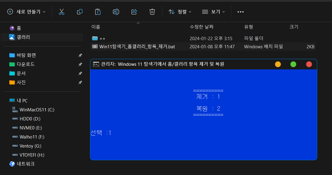 W11탐색기_홈갤러리_항목_제거및복원.png