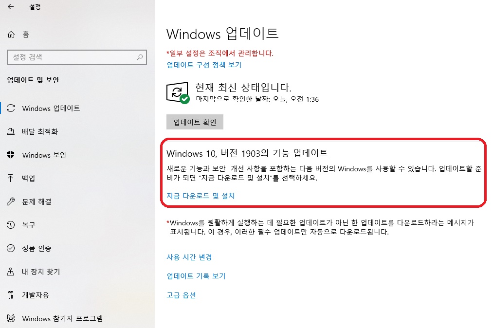 버전1903 기능 업데이트는 자동 업데이트가 아닙니다.jpg