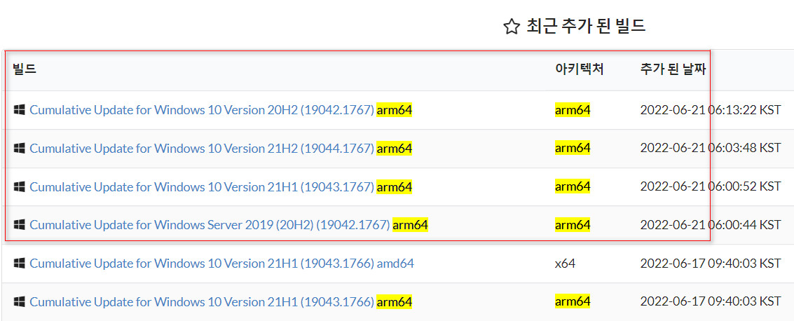 2022-06-21 화요일 오전 6시 [한국시간]에 대역 외 업데이트로 나온 Windows 10 버전 21H2, 빌드 19044.1767 누적 업데이트 KB5016139 는 특이하게도 arm64만 나왔습니다 2022-06-21_064933.jpg