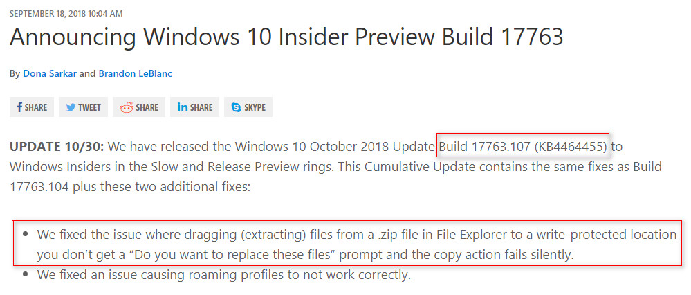 Windows 10 버전1809 인사이더 프리뷰용 누적 업데이트 KB4464455 (OS 빌드 17763.107) 나왔네요 - 변경사항 - zip 파일 오류 해결 되었다고 합니다 2018-11-05_202136.jpg