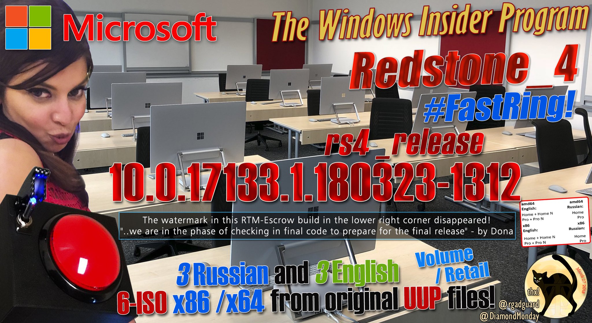 DZUV3CKXUAEnrZz-윈도10 버전1803 RS4 레드스톤4 17133.1 빌드가 RTM 이 아니라고 하시는 Wzor - RTM Escrow 라고 표기함.jpg