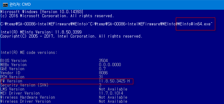 인텔 6세대 이상 cpu 에서 보안 취약점 - ME 펌웨어 업데이트 성공 - 버전 11.8.50.3425 --- 재부팅 후 다시 확인 2017-11-24_101742.png