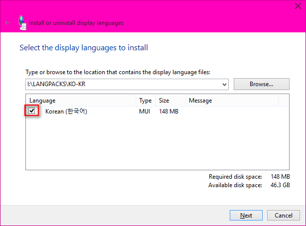 언어팩설치방법-윈도에서-run을실행합니다-ipksetup입력-언어팩설치합니다-찾기-언어팩iso에서ko-kr폴더선택-체크해야next활성됩니다.png