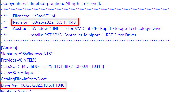 인텔 RST VMD 드라이버 19.5.1.1040 버전은 공개날짜가 달라도 결국 전부 2022.08.25 일자 파일입니다 2023-09-19_123616.jpg