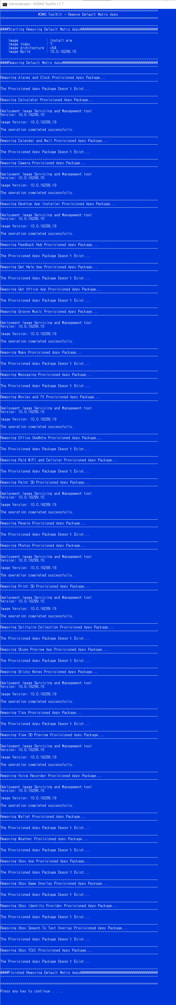 MSMG Toolkti v7.7로 윈도10 버전1709 [16299.15] RTM 빌드에 16299.19 누적 업데이트 적용하고 닷넷3.5 - 기본앱 삭제 테스트 - 이 3가지 중에 하나가 편리합니다- 4번으로 스토어를 뺀 전부를 삭제해봅니다 2017-10-15_101218.png