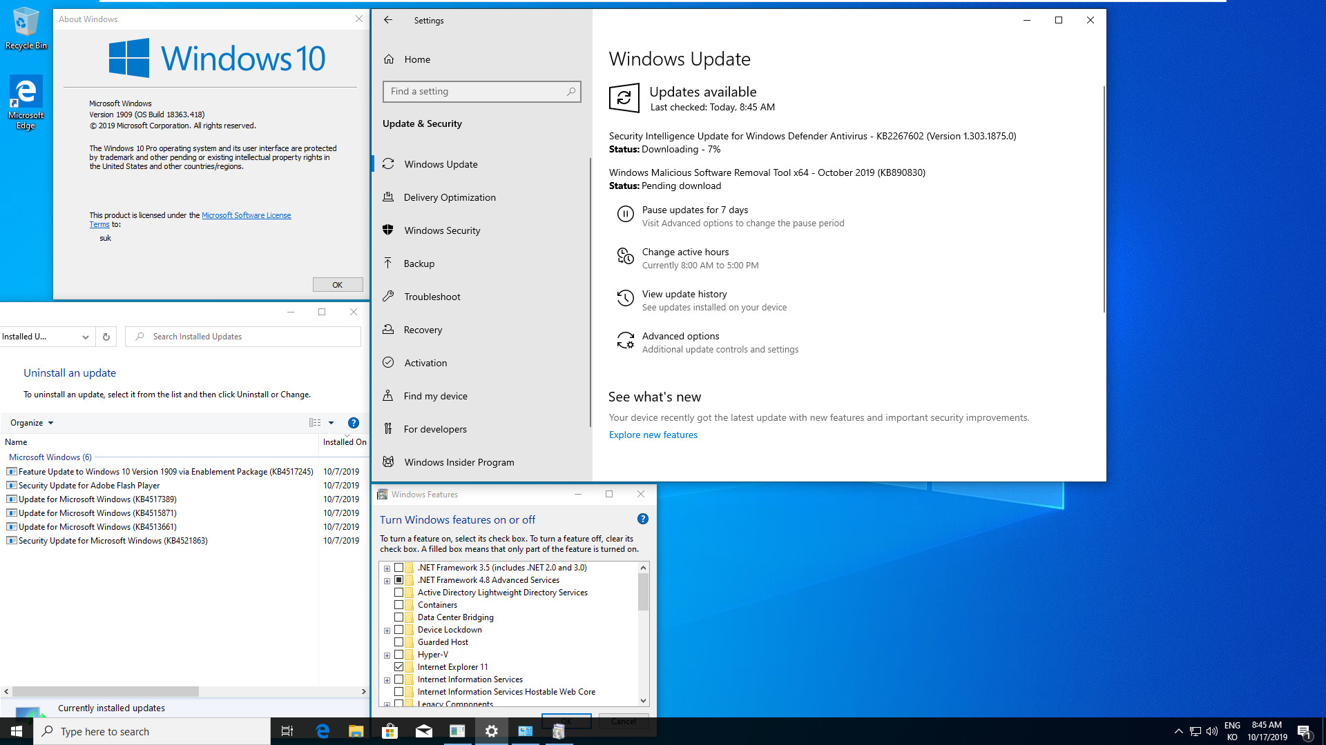 Windows 10 버전 1909 (OS빌드 18363.418) 코드네임 19H2 첫 MSDN 영문판 나왔네요 - 설치 테스트 2019-10-17_084558.jpg