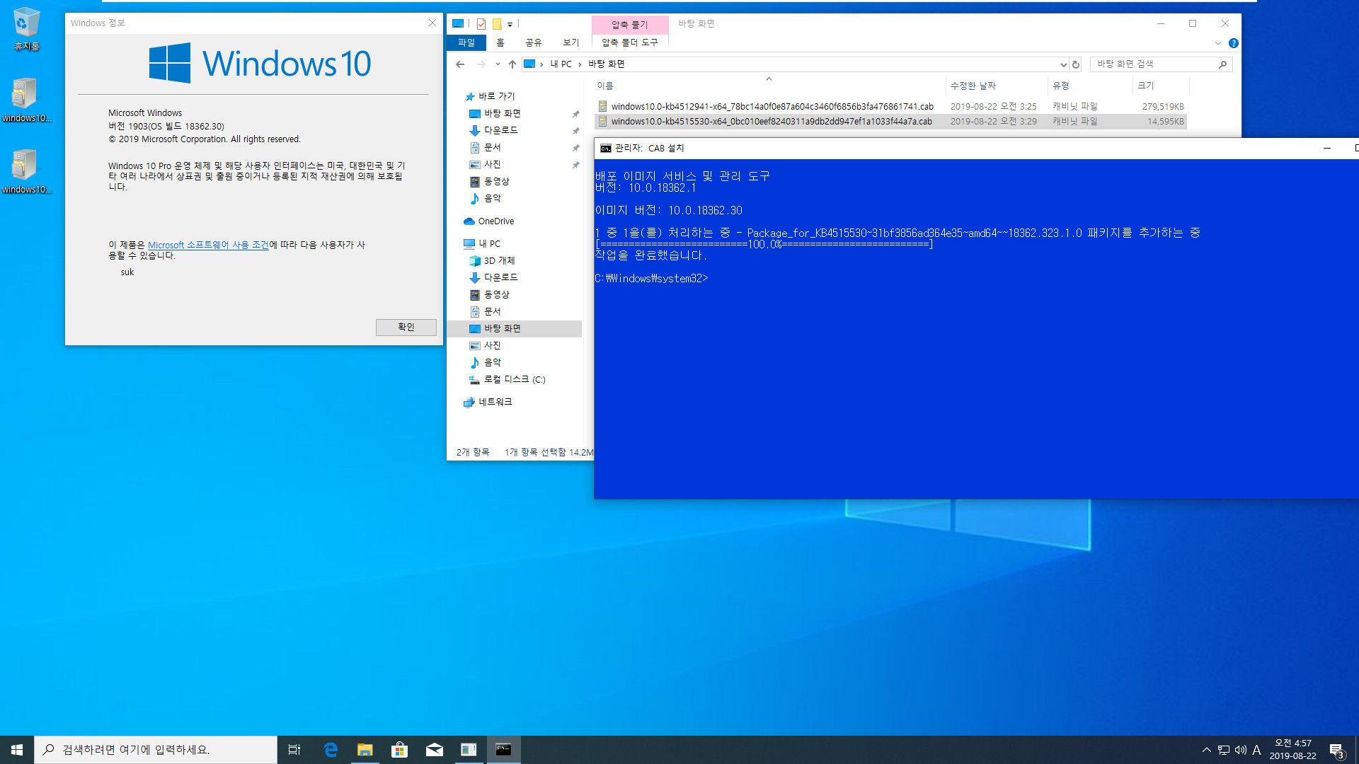 Windows 10 버전 1903 누적 업데이트 KB4512941 (OS 빌드 18362.325) [2019-08-21 일자] 인사이더 프리뷰 중에 릴리스 프리뷰 나왔네요 - vmware 에서 설치 테스트 2019-08-22_045703.jpg