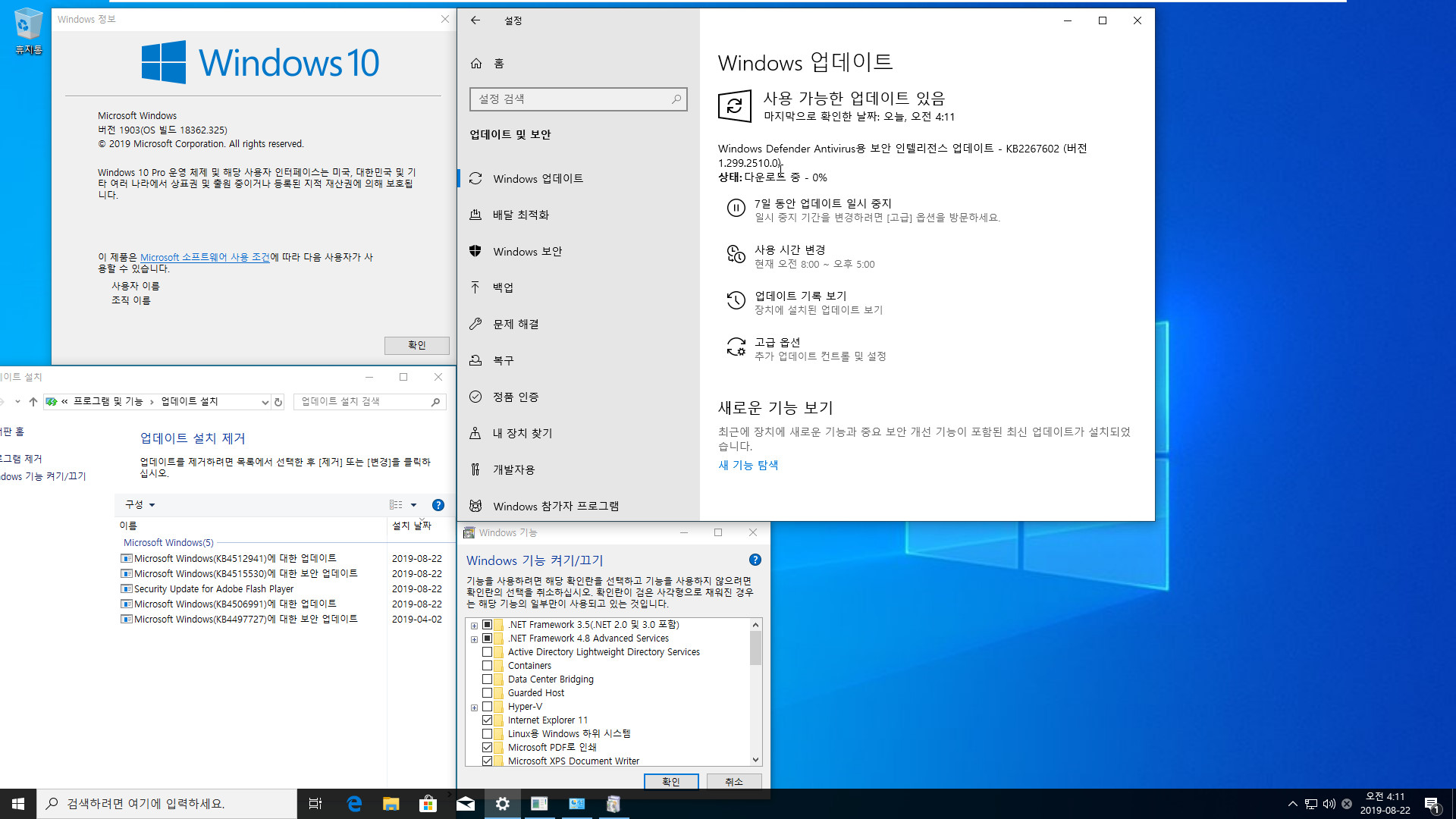 Windows 10 버전 1903 누적 업데이트 KB4512941 (OS 빌드 18362.325) [2019-08-21 일자] 인사이더 프리뷰 중에 릴리스 프리뷰 나왔네요. 프로 64비트만 통합합니다 2019-08-22_041111.jpg
