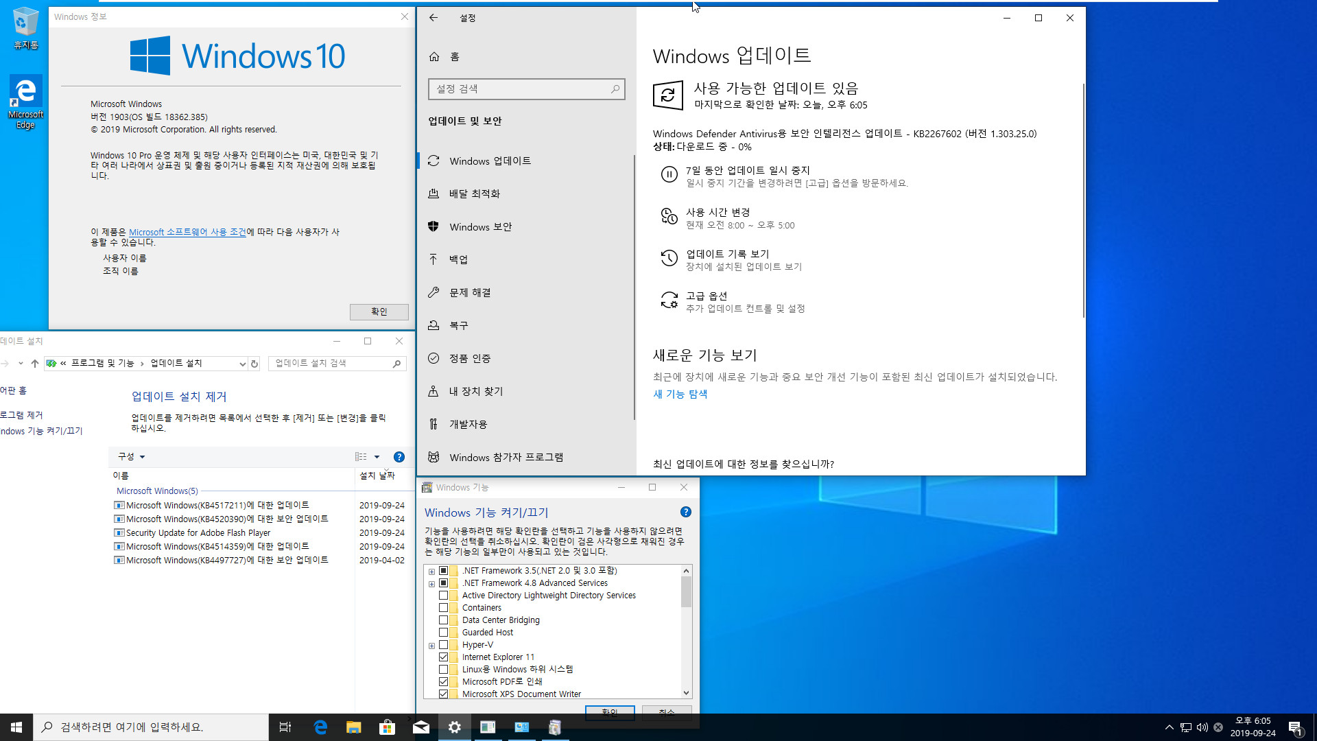 Windows 10 버전 1903 누적 업데이트 KB4517211 (OS 빌드 18362.385) [2019-09-23 일자] 릴리스 프리뷰 나왔네요 - 프로 64비트 통합중 입니다 2019-09-24_180533.jpg