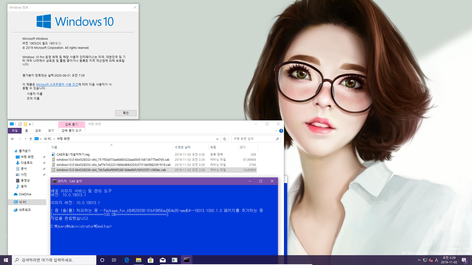윈도10 20H1 인사이더 프리뷰 19013.1 빌드의 누적 업데이트 19013.1000 빌드 (KB4528332) 나왔네요 - cab 파일들 설치 테스트 2019-11-02_032908.jpg
