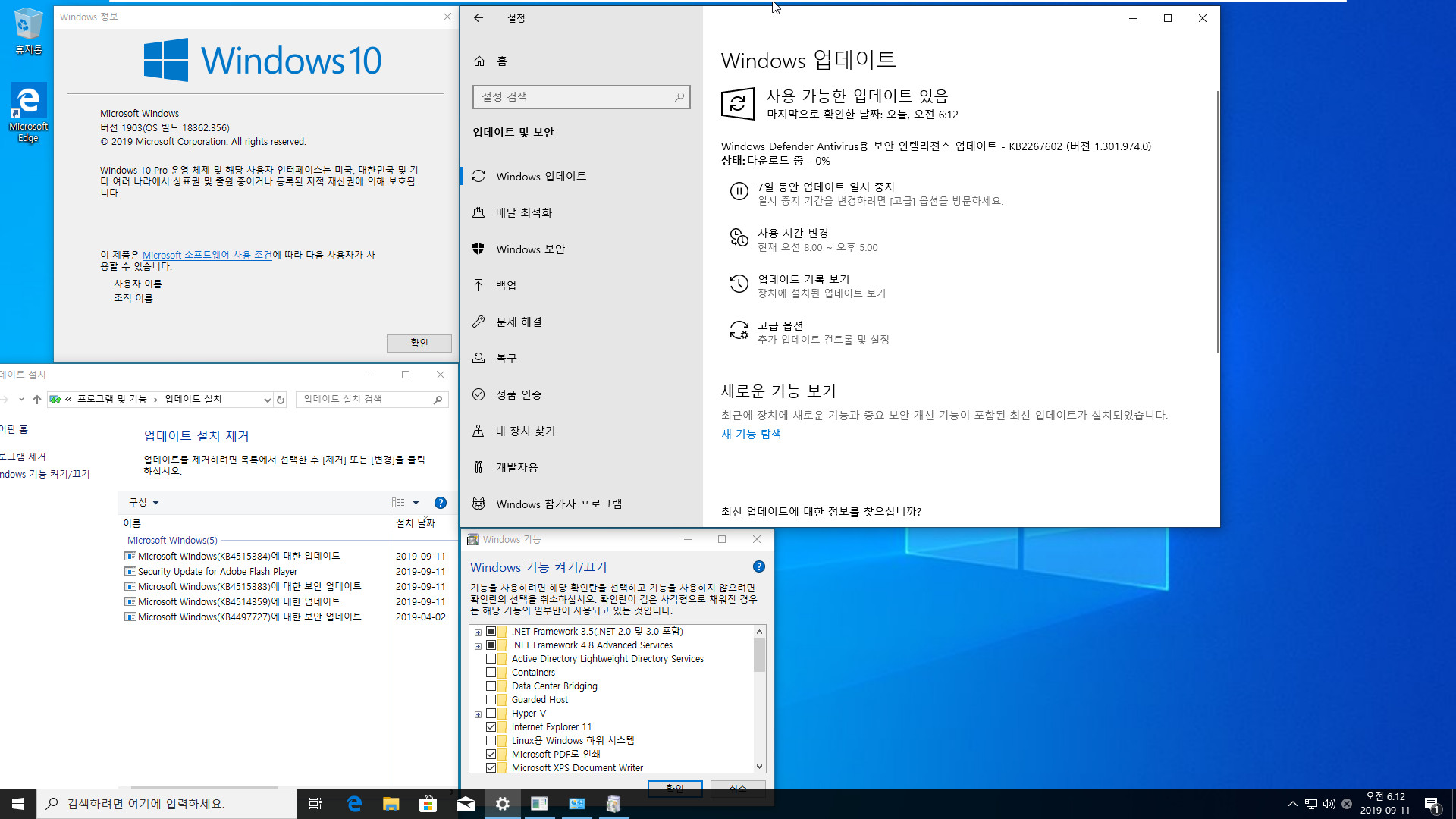 2019년 9월 11일 수요일 정기 업데이트 - Windows 10 버전 1903 누적 업데이트 KB4515384 (OS 빌드 18362.356) [2019-09-10 일자] 나왔네요 - 통합중 입니다 - 64비트 확인 2019-09-11_061242.jpg