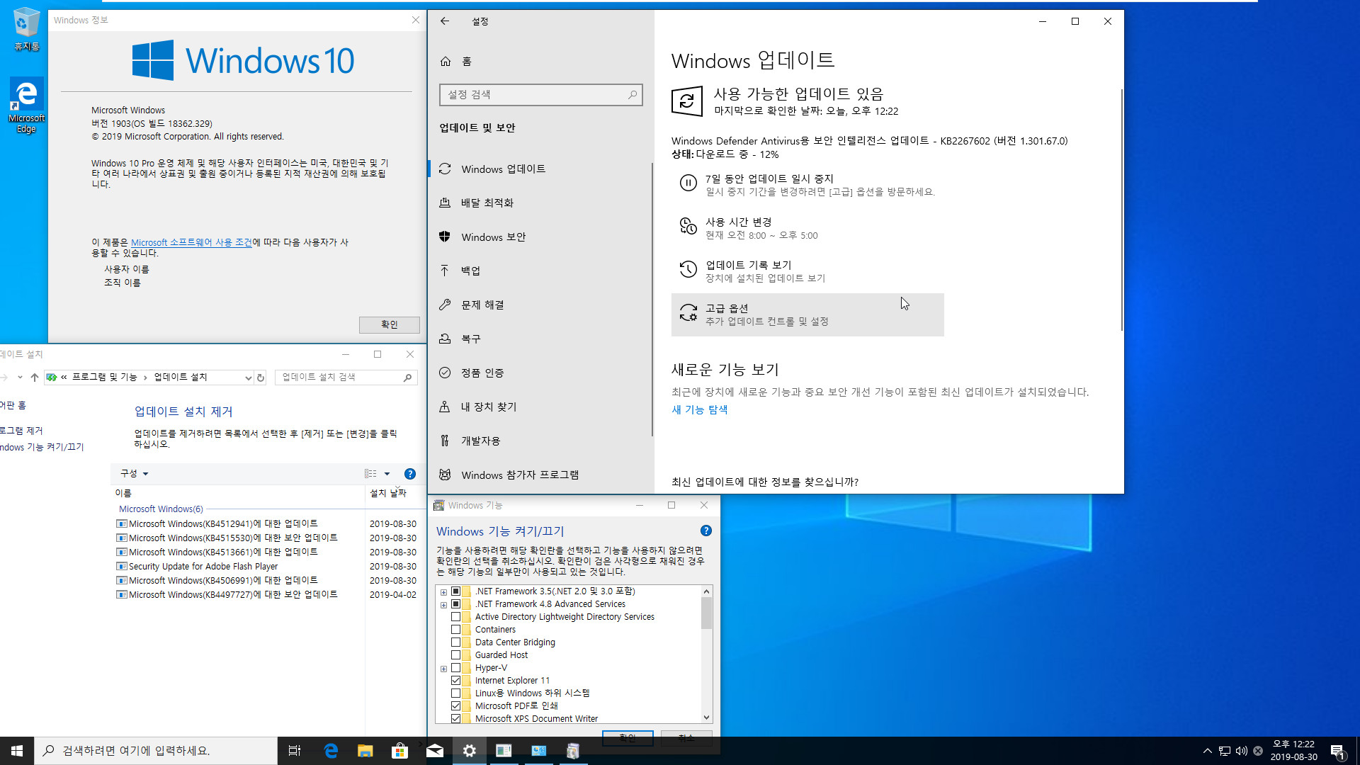 Windows 10 버전 1903 누적 업데이트 KB4512941 (OS 빌드 18362.329) [2019-08-29 일자] 릴리스 프리뷰 나왔네요 - 통합중 입니다 2019-08-30_122212.jpg