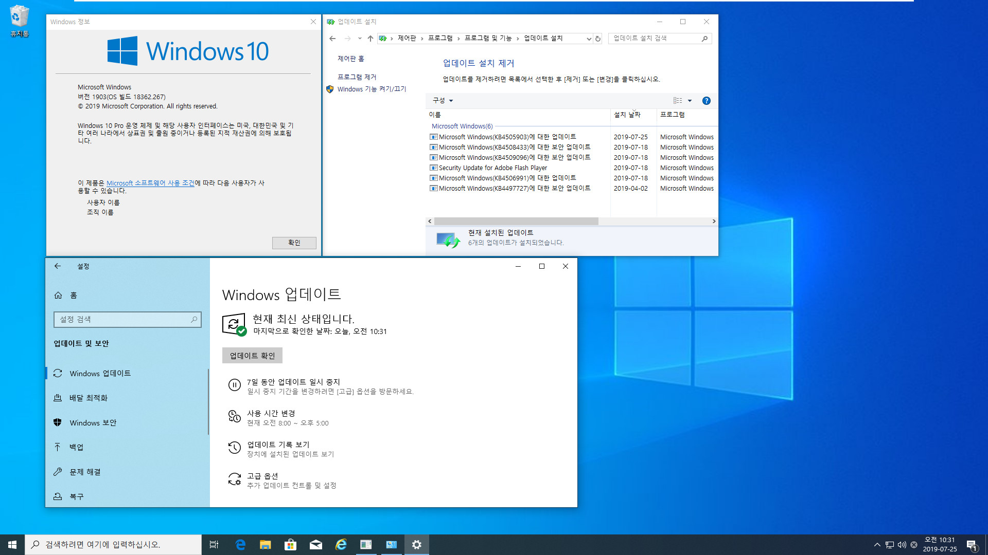 Windows 10 버전 1903 누적 업데이트 KB4505903 (OS 빌드 18362.267) [2019-07-24 일자] 인사이더 프리뷰 중에 릴리스 프리뷰 나왔네요 - vmware 에 설치 테스트 2019-07-25_103126.jpg